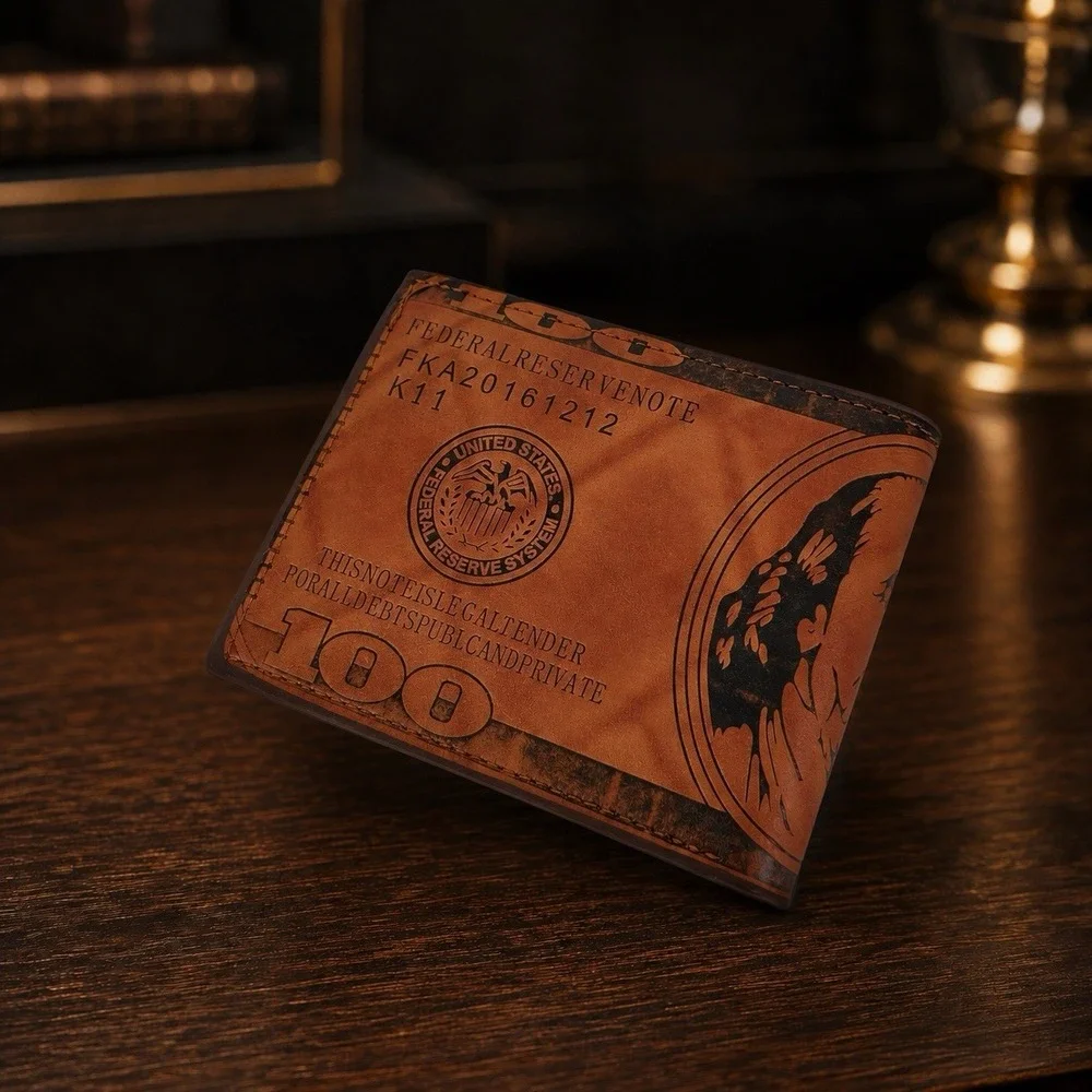 Men's Brown Bifold Wallet Stitched Novelty USA $100 Bill Money Print